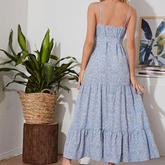 MATERNITY Blue Floral Belted Ruffle Maxi Dress - Picture 4 of 5